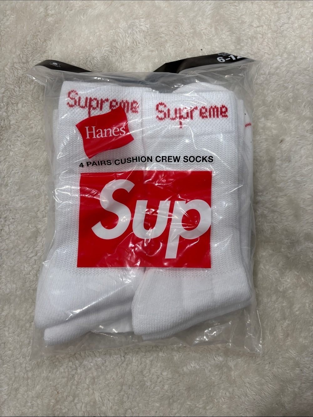 Hanes White Crew Socks with Red Logo - 4 Pack by Supreme